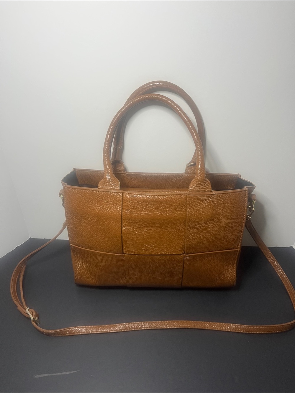 Valentina Fiore Woven Brown Leather Tote Shoulder Crossbody Bag Purse
